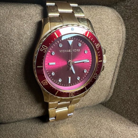 Michael Kors Red Dial Gold Bracelet Watch - Picture 1 of 3